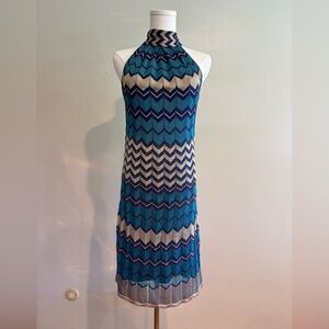 Hale Bob Teal and Cream Chevron Halter Maxi Dress